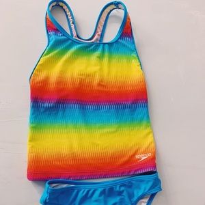 Rainbow two-piece swimsuit.